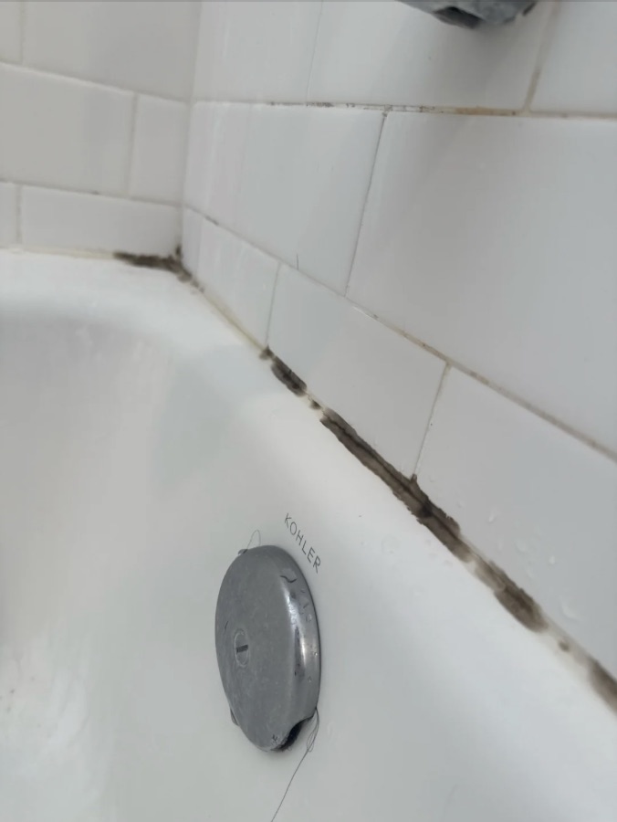 Moldy, failing caulk along a bathtub and tile wall