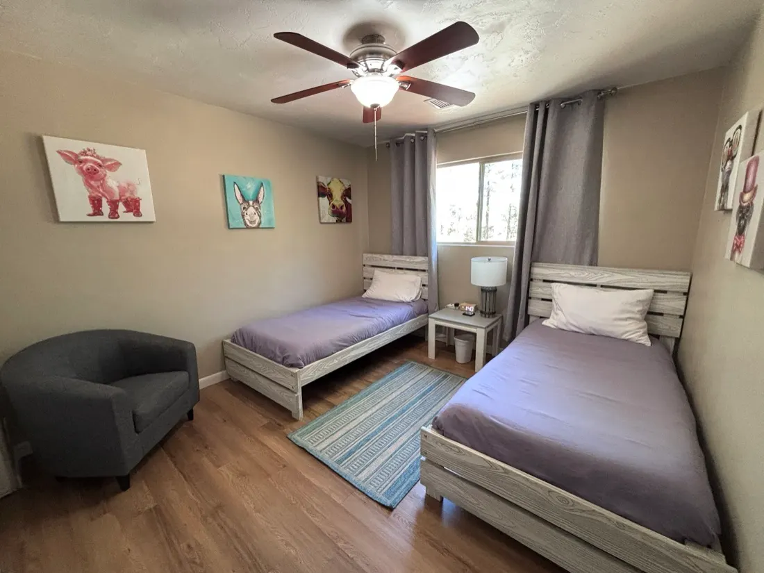 Five-blade ceiling fan with light kit in a guest bedroom