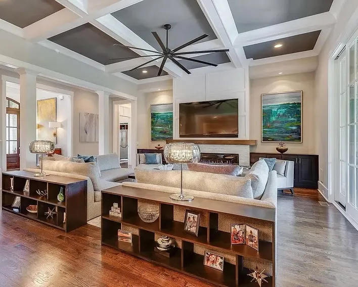 Large ceiling fan on a coffered great room ceiling