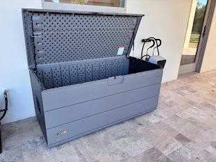 Outdoor deck storage box on a patio