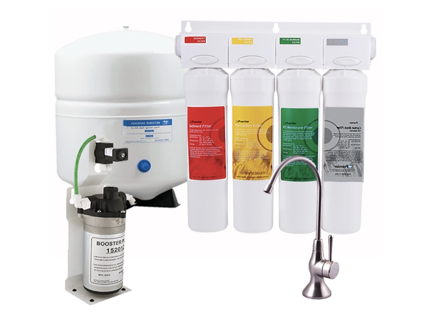 Traditional four-stage RO system with storage tank and faucet