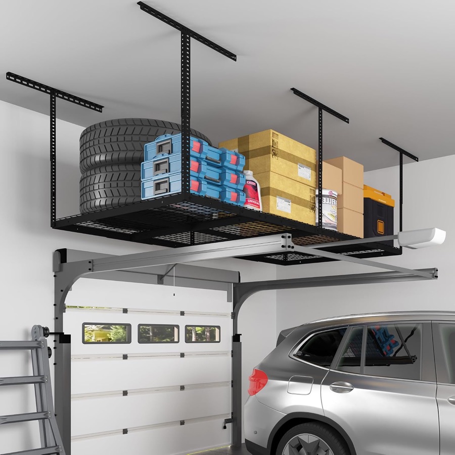 Overhead garage ceiling storage rack holding tires, toolboxes and boxes
