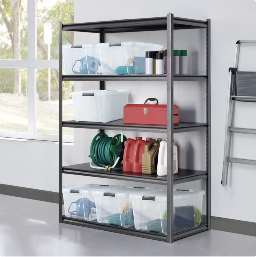 Five-tier steel garage shelving unit with storage bins