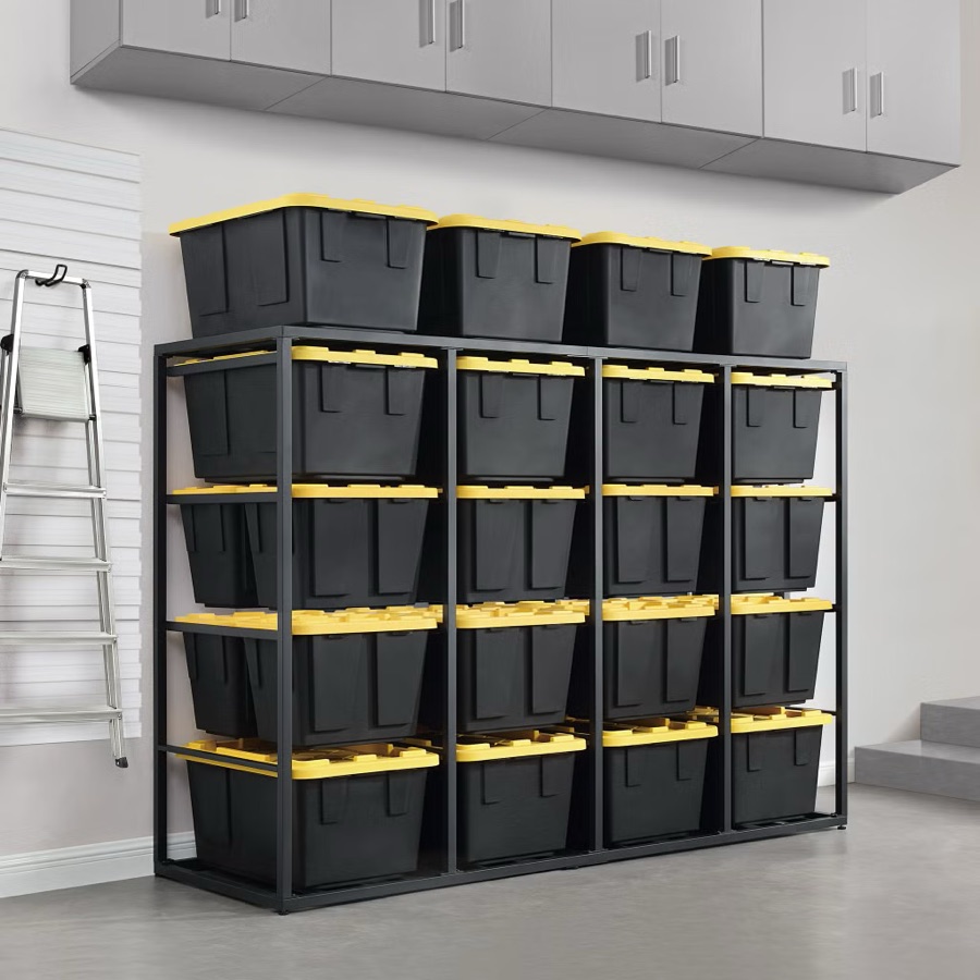 Storage tote rack holding sixteen bins in a garage
