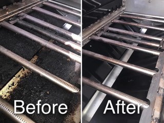 Grill burners and firebox before and after removing built-up carbon and grease