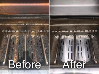 Grill heat shields and burners before and after cleaning
