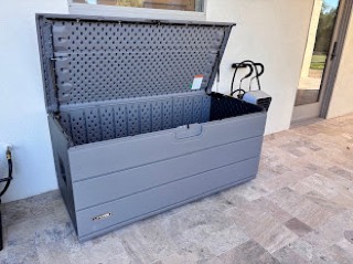 Outdoor deck storage box on a patio