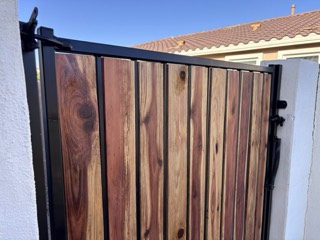 Gate with redwood slats