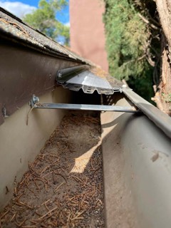 Gutter guard lifted to clean out needles and dirt underneath